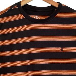 Volcom Mens Medium Black Orange Striped Short Sleeve T-Shirt Cotton - NWOT